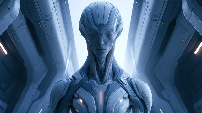Futuristic female humanoid alien standing in a bright sci-fi corridor