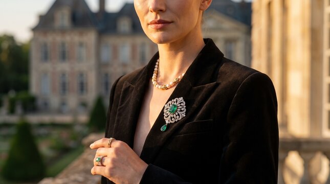 Close up of a woman wearing a luxurious emerald and diamond brooch with a pearl necklace