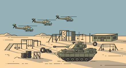 Fototapeta premium Military Scene: Tank, Helicopters, and Playground Illustration