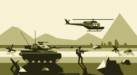 Fototapeta premium Military Scene: Tank, Helicopter, Soldier in War Zone