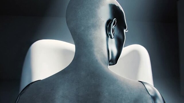 Rotating black humanoid in dark suit revealing metal chest plates in gray studio as light shifts