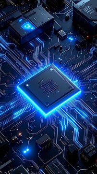 Glowing blue microchip on a dark computer circuit board