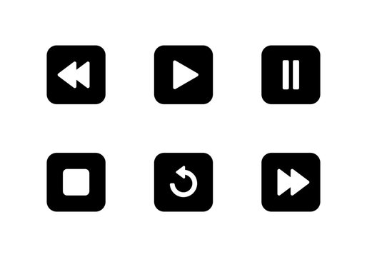 Play, pause, stop, replay, rewind, and fast forward icon in black square