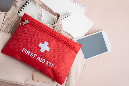 First aid kit in a bag with medical essentials