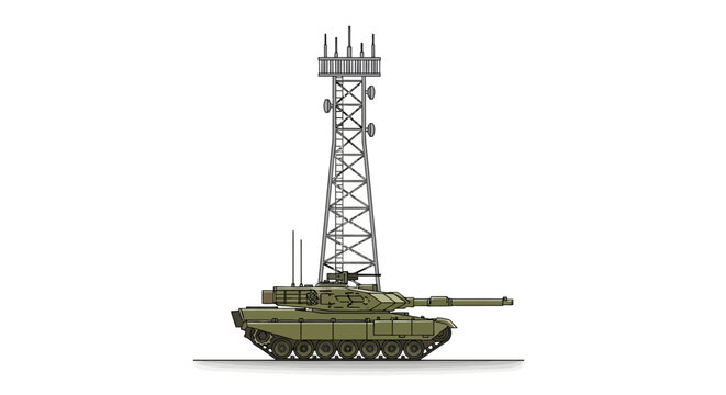 Military tank and communication tower illustration, white background.