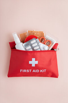 First aid kit containing medical supplies for home safety