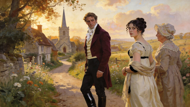 Regency Era Couple and Chaperone Walking Toward English Village Church at Sunset