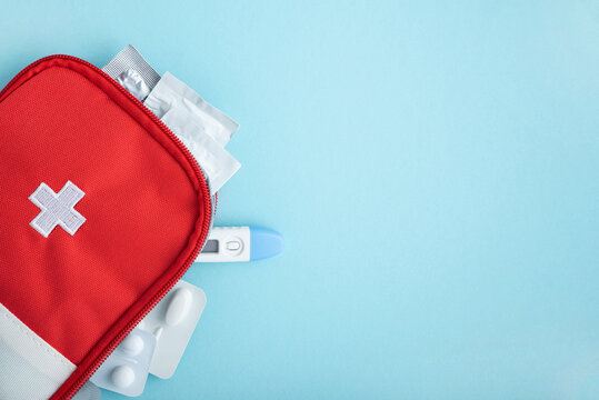 First aid kit with medical supplies for healthcare and emergency care