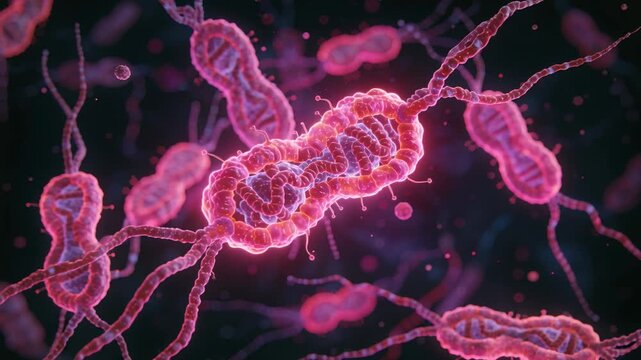Rotating rod microbe translating under microscope, camera zoom revealing internal helix drifting