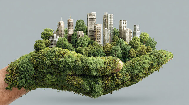 Holding a miniature city model with green trees in a hand representing sustainable urban development