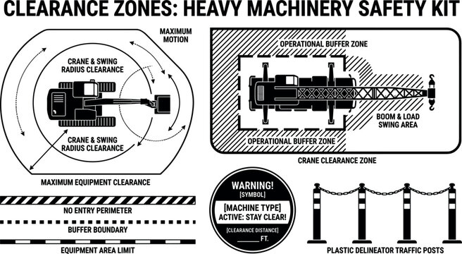 Heavy Machinery Clearance Zones and Safety Kit Vector Set with Crane Swing Radius Operational Buffer Boundaries Warning Signs and Delineator Posts