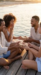 Fototapeta premium Friends exchange gifts on wooden pier by ocean. Joyful sunset gathering captures celebration and friendship. Ideal for travel, lifestyle, or holiday marketing.