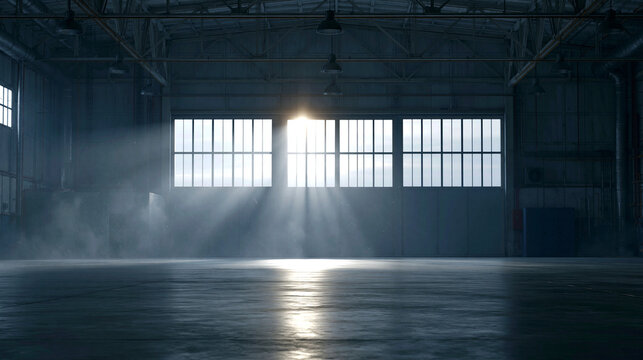 > Leere dunkle Industriehalle mit dramatischen Lichtstrahlen und Betonboden als Auto Mockup Hintergrund