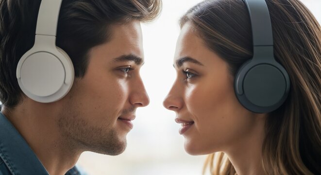 Couple wearing headphones enjoying music together. Man and woman face each other with headphones on while listening to favorite songs. Concept love and connection through shared music experience.