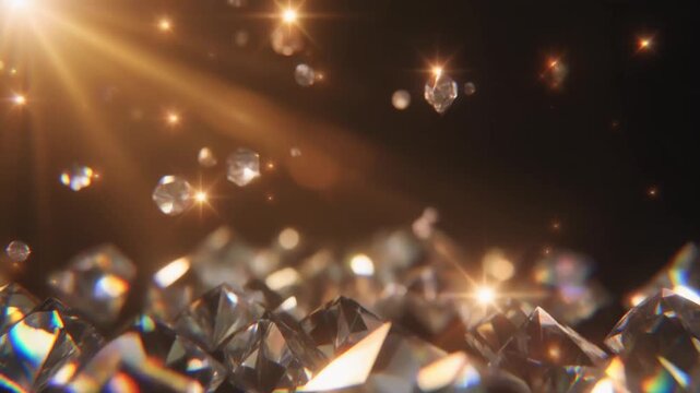 Crystal prisms outside the frame transform warm sunlight into shimmering bokeh highlights drifting across a dark elegant background with refined optical realism and luxury aesthetic.