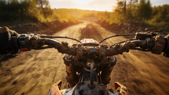 Twisting throttle off-road rider heading toward sunset on muddy forest trail, gloved hands steering