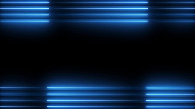 Abstract blue neon light lines background, glowing horizontal strips motion loop