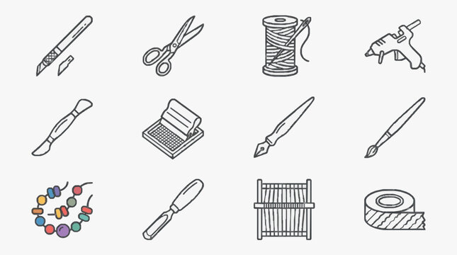Dynamic Set of Nine Handcrafting and Art Supplies Illustrated in Minimalist Black and White Line Art with One Colorful Bead String