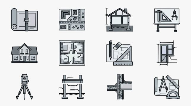 Clean Minimalist Black and White Line Drawing Icons Set of Architectural and Engineering Tools Plans and Structures