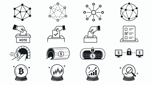 Collection of icons representing financial technology concepts like blockchain, voting, and.