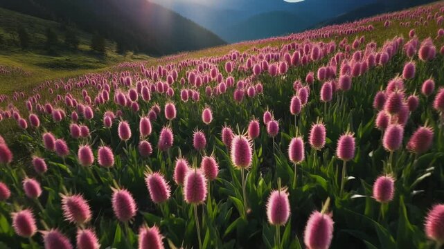 Vibrant pink bistorta flower field in mountain valley during sunset