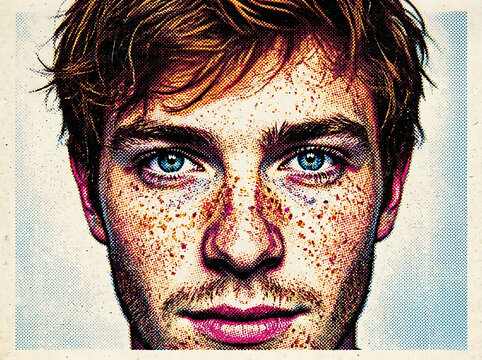 Vintage Newspaper Halftone Pattern Portrait Filter, Artistic Pop Art Dot Matrix Effect on Male Face Close Up