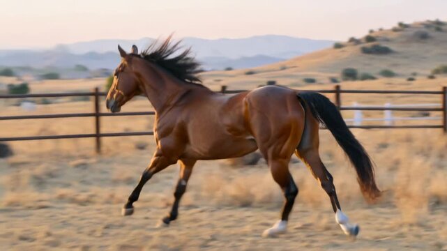 Galloping bay horse moving across paddock while camera pulling back, white rail fence shining