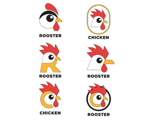 Cute Rooster & Chicken Logo Set  6 Modern Flat Vector Mascot Designs © SumaiyaAkter