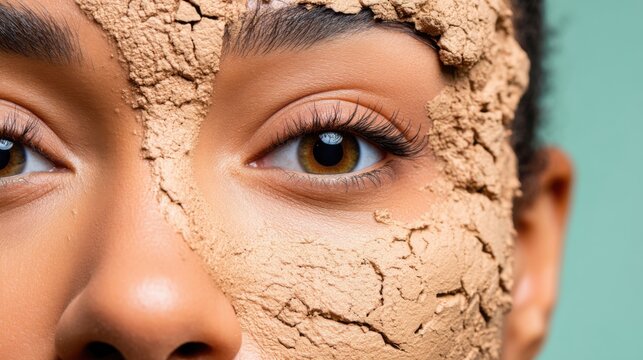 Close-up of a woman's face with severely dry, flaky skin. Dermatology, dehydration, damaged skin barrier, skincare, and skin health concept