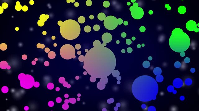 Abstract rainbow bubbles floating on dark background, colorful particle motion