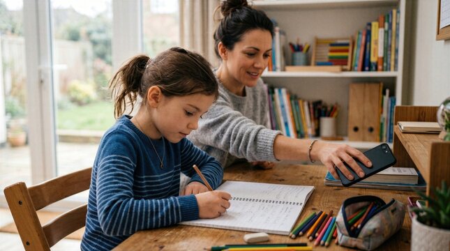 Parent removes smartphone from childs homework area, illustrating digital parenting, reduced screen distraction, study focus and healthy family technology boundaries at home.