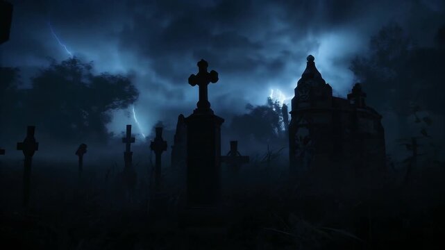 Flashing lightning revealing central headstone cluster and mausoleum in dark cemetery, fog swirling