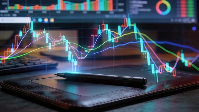 Glowing black stylus resting on leather folio at desk, holographic chart updating market data