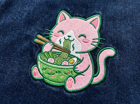 Embroidered Pink Cartoon Cat Eating Ramen Noodles Patch Mockup on Dark Denim Fabric Texture Background