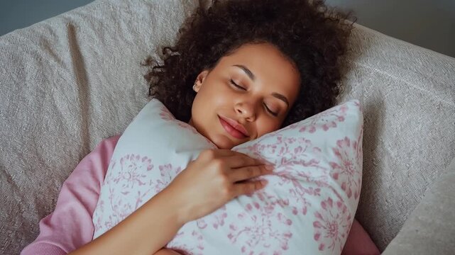 Breathing gently, woman in pink top adjusting pink floral pillow while resting on sofa