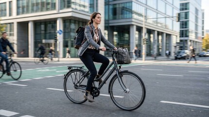 Fototapeta premium Female office commuter cycles along a modern city street, illustrating dynamic sustainable transport, independence and daily urban routine.