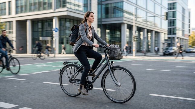Female office commuter cycles along a modern city street, illustrating dynamic sustainable transport, independence and daily urban routine.