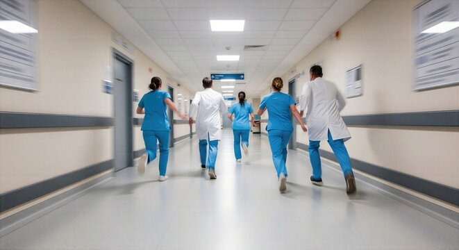 Busy doctors and woman nurses running through hospital hallway expressing urgency emergency response time pressure teamwork and nonstop intensity of modern healthcare environment