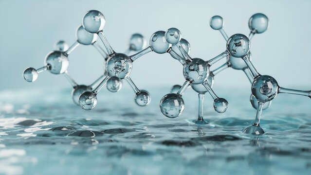 Intricate scientific model of molecular chain composed of clear spheres connected by thin rods resting atop rippling water surface illuminated by cool ambient professional lighting.