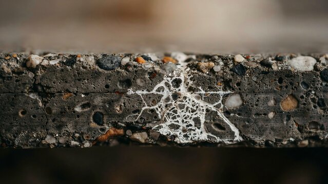 Detailed close up of worn concrete pavement highlighting internal crystalline growth within dark porous matrix representing urban decay and architectural degradation textural look.