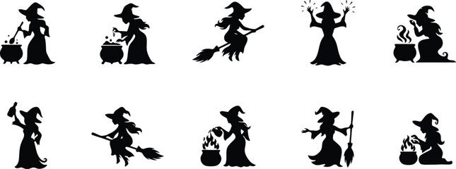Black silhouette illustrations of witches in various poses for halloween or magic themed designs © Hey Tahera