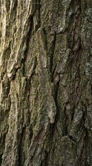 Fototapeta premium Detailed close up of rough tree bark covered in green moss. Natural organic texture with earthy tones. Perfect for rustic backgrounds, forest themes, and environmental concepts.