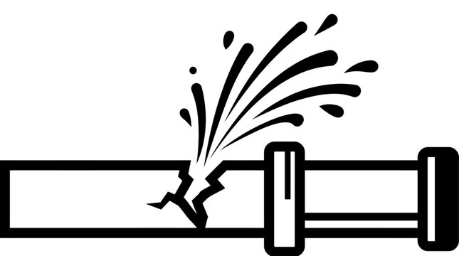 Broken pipe, leaking water, crack, damage, plumbing, vector icon