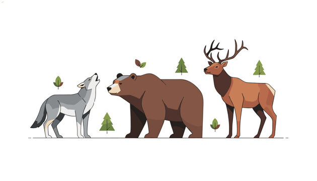 Forest wilderness trio consisting of a howling wolf, a brown bear, and a majestic elk standing among pine trees.