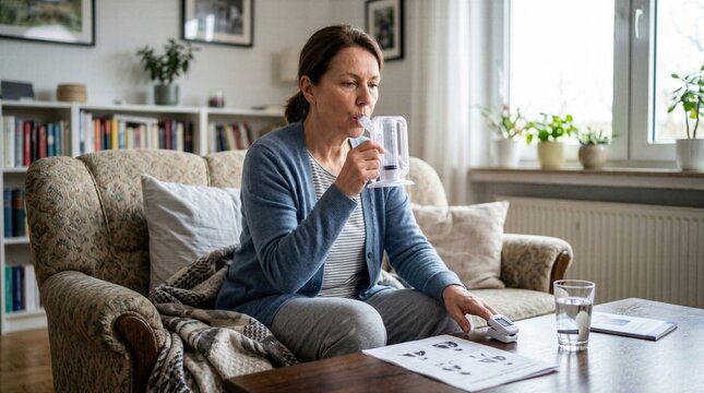 Home rehabilitation scene with incentive spirometer and guided breathing practice, communicating lung recovery, respiratory therapy and medical support.
