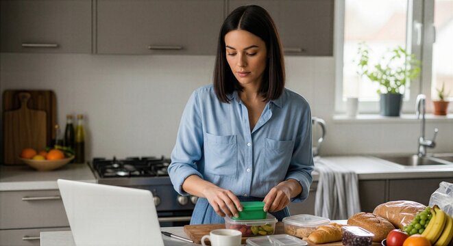 Busy woman packs lunch beside open laptop in kitchen, clearly showing multitasking, time pressure and work-life routine at home.