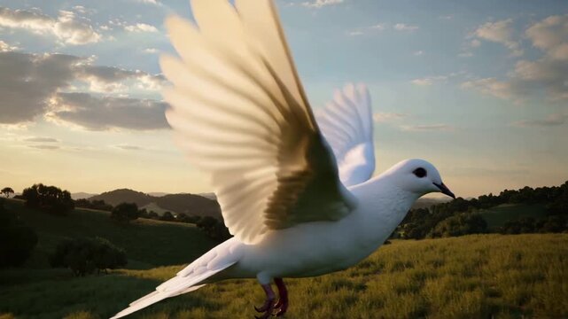 Flying two white doves drawing nearer over golden hour hills, camera tracking wings and feet