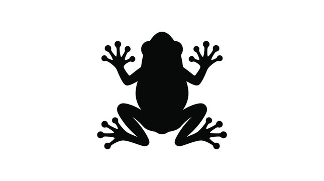 A solid black silhouette of a small frog isolated against a clean stark white background