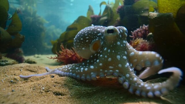 Probing mottled octopus sensing reddish algae and exploring shallow sandy seabed with kelp fronds