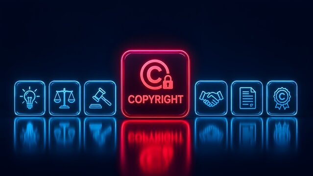 Glowing neon copyright protection concept with red word Copyright and padlock icon surrounded by blue intellectual property law and legal agreement icons